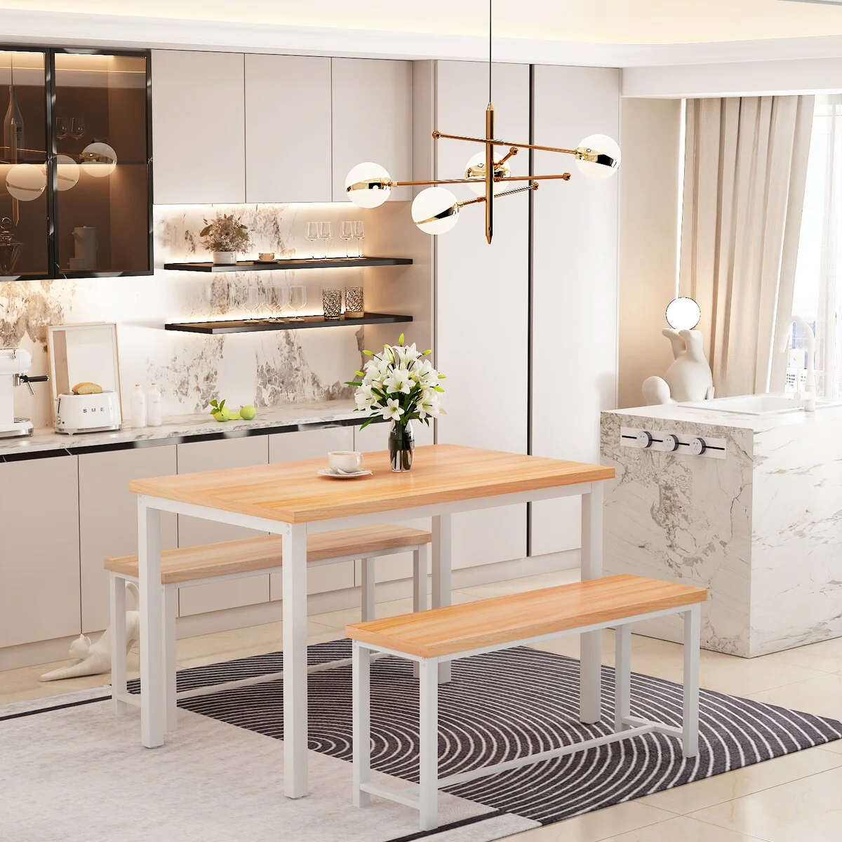 Dining Table Set with Bench, 3 Pieces Dining Furniture Set Kitchen Table Set for Kitchen, Dining Room, Living Room