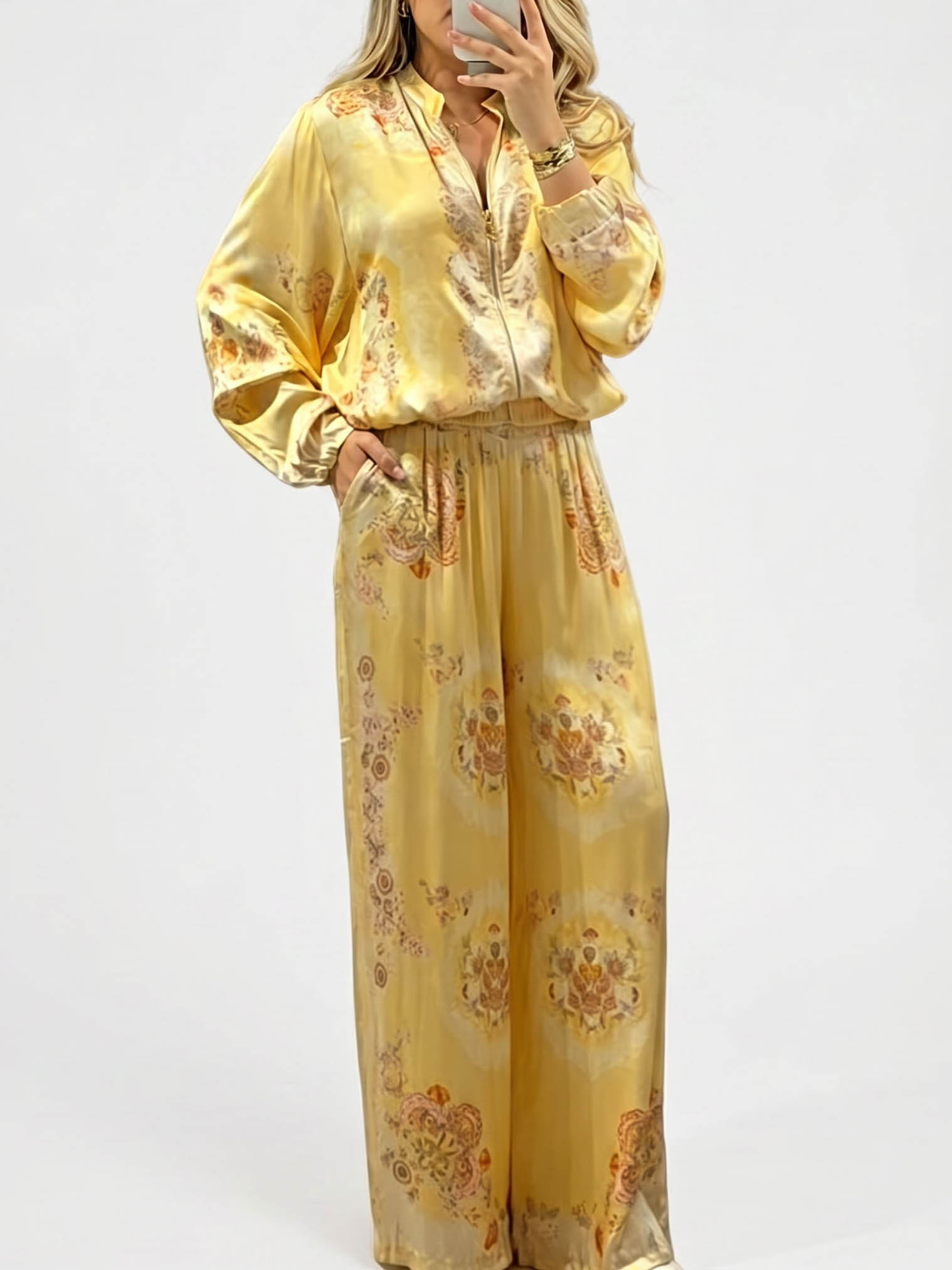 Retro Paisley Print Satin Two-Piece Set