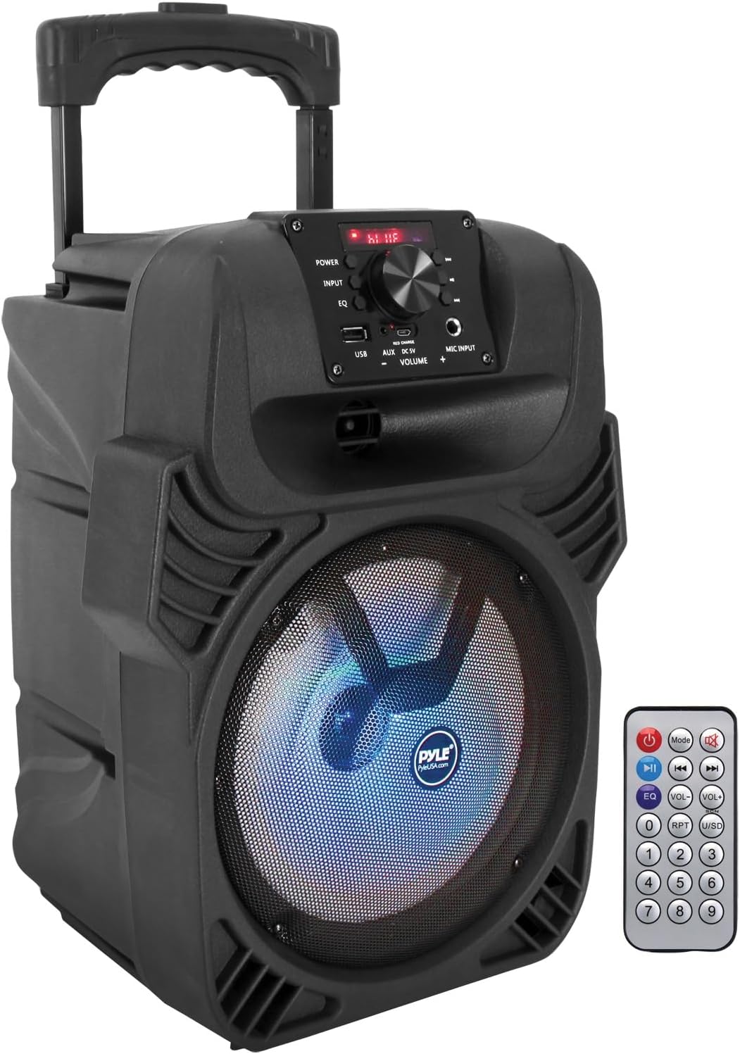 Pyle 8 Portable Bluetooth PA Speaker - 500W Rechargeable Indoor/Outdoor Karaoke Machine Sound System - Multi-Color LED Party Lights, Mic Input, FM Radio, MP3/USB & Remote Control (Black)