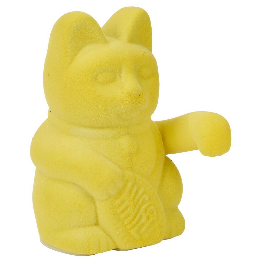 Chat porte-bonheur velours jaune 11xH15x9cm