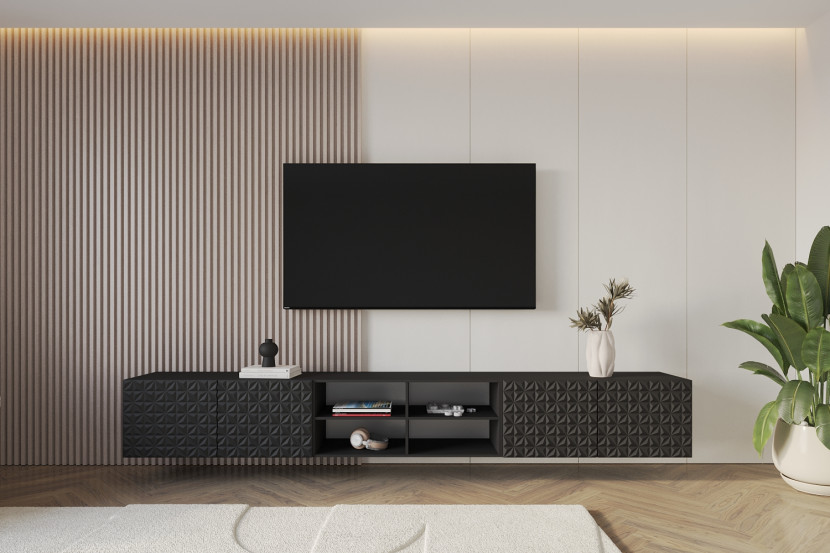 Szafka RTV z frezowanymi frontami wisząca VIRA-W - 3x100x40x40 cm - Czarny