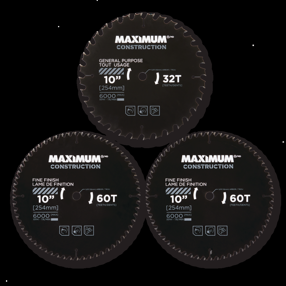 MAXIMUM 10-in 32/60T Carbide Tipped Circular Saw Blade Set for Wood, 3-pc