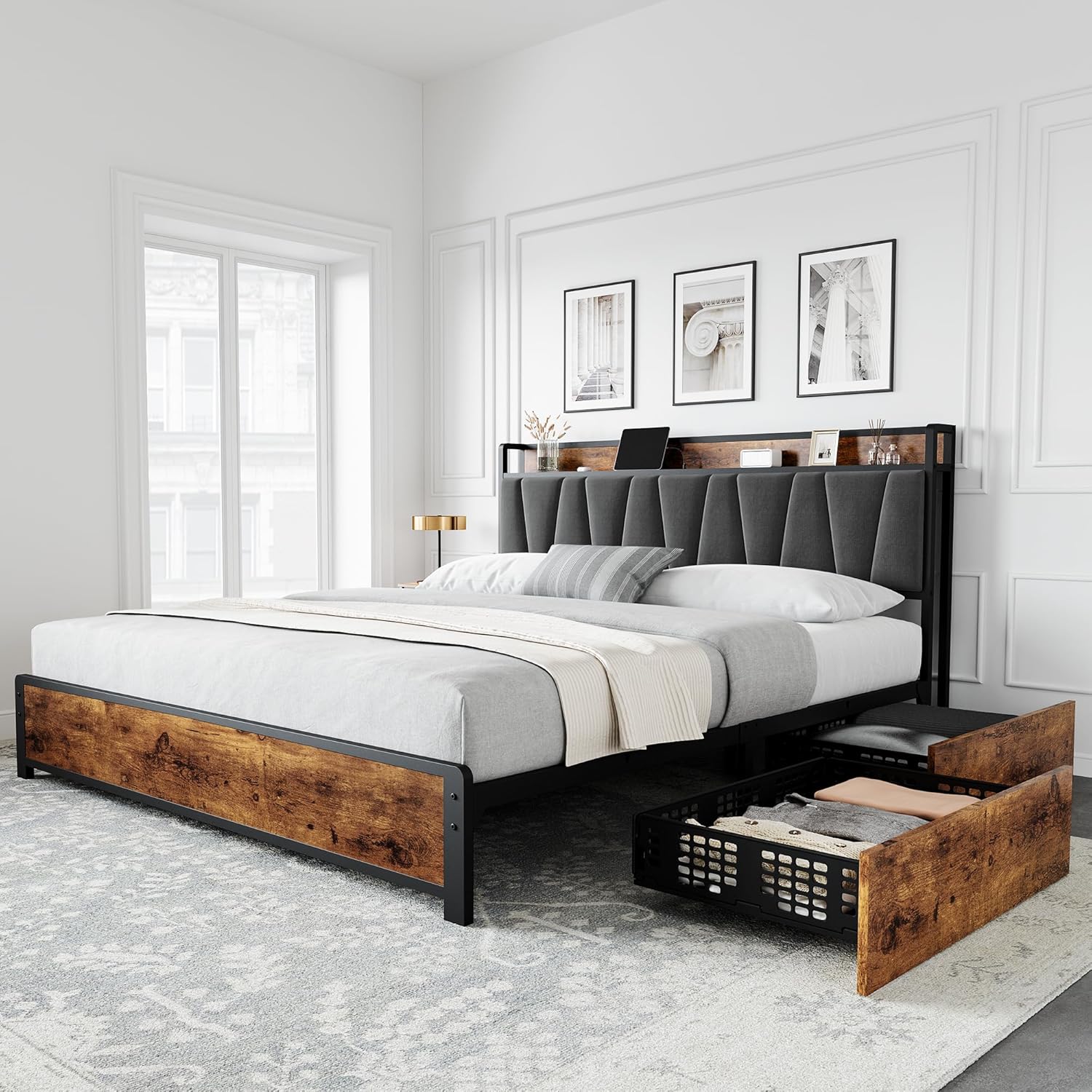 GarveeHome King Size Bed Frame with 4 Storage Drawers, Upholstered Storage Charging Headboard, Heavy Duty Metal Platform Bed Frame, Noise Free, No Box Spring Needed, Rustic Brown