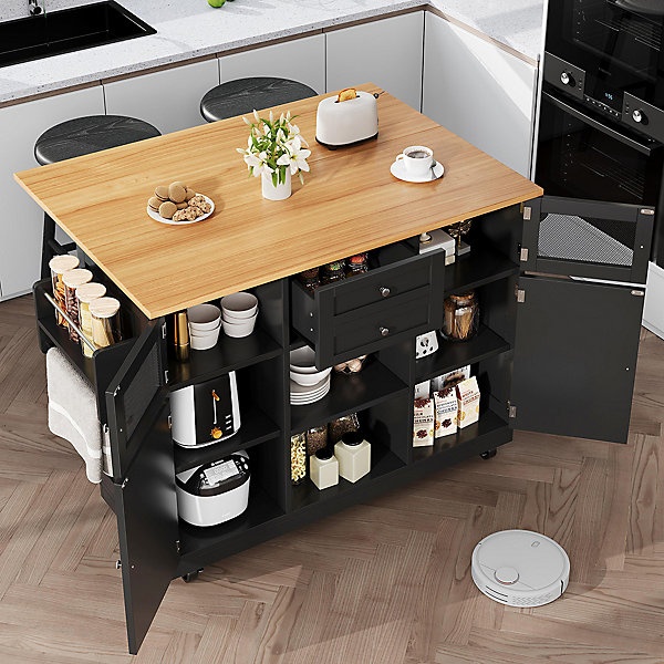 Îlot cuisine avec plan de travail, portes 3D, grain de bois, roulettes, cloisons réglables - noir