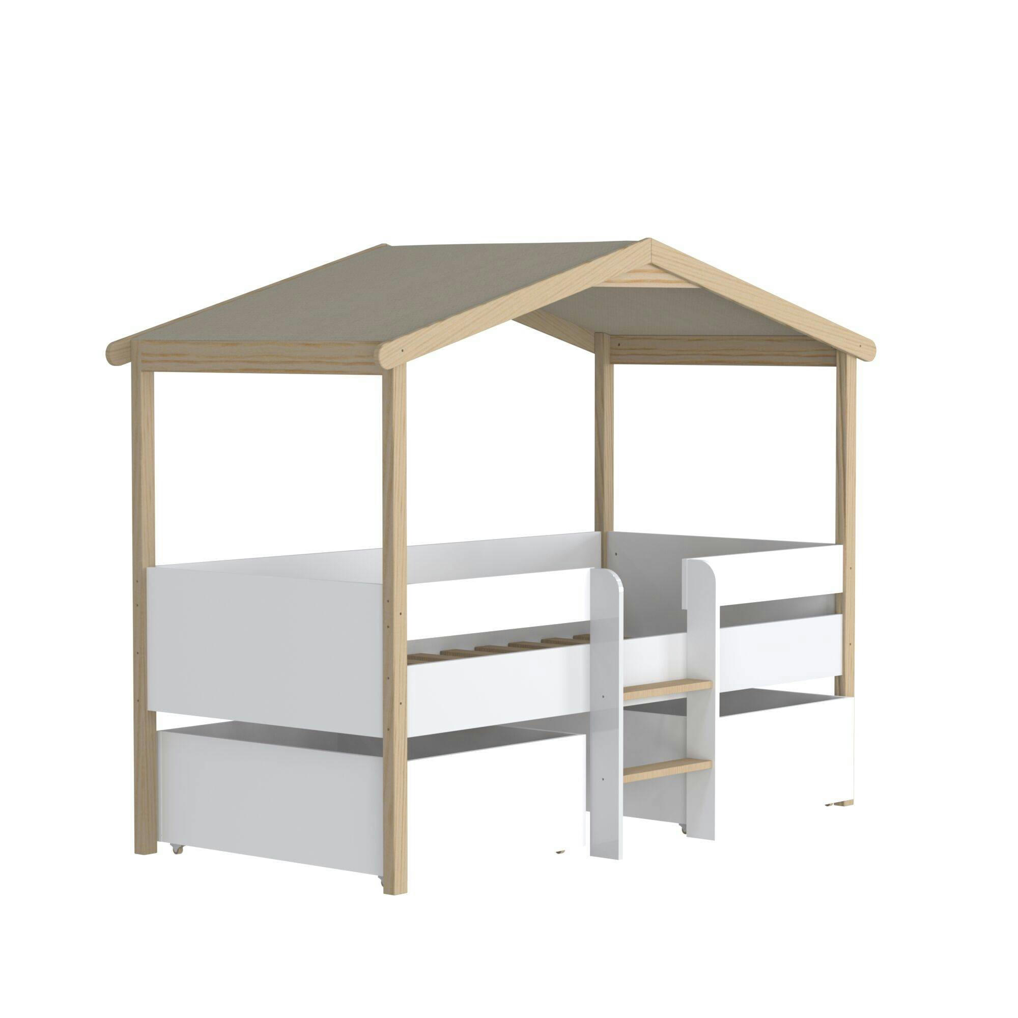 WILO - Lit cabane mi-hauteur en bois + 2 tiroirs 90 x 190 cm
