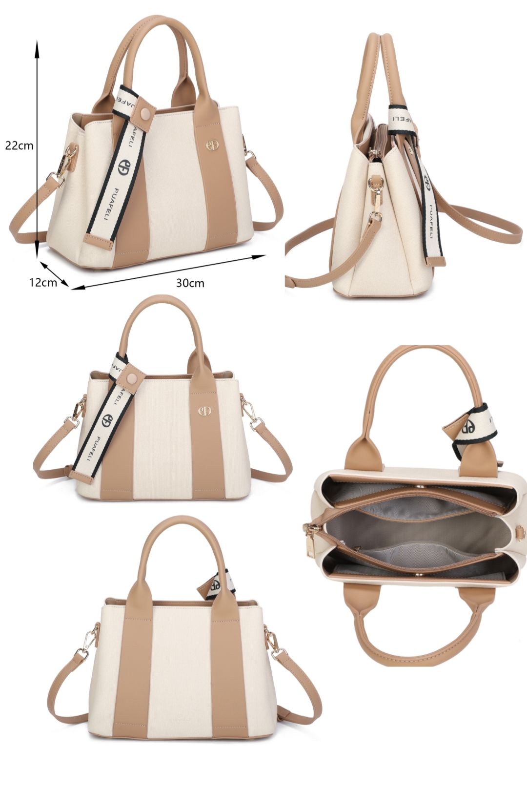 Fontanella Fashion Mori PU Leather Triple Compartment Structured Canvas Top-Handle Tote Bag