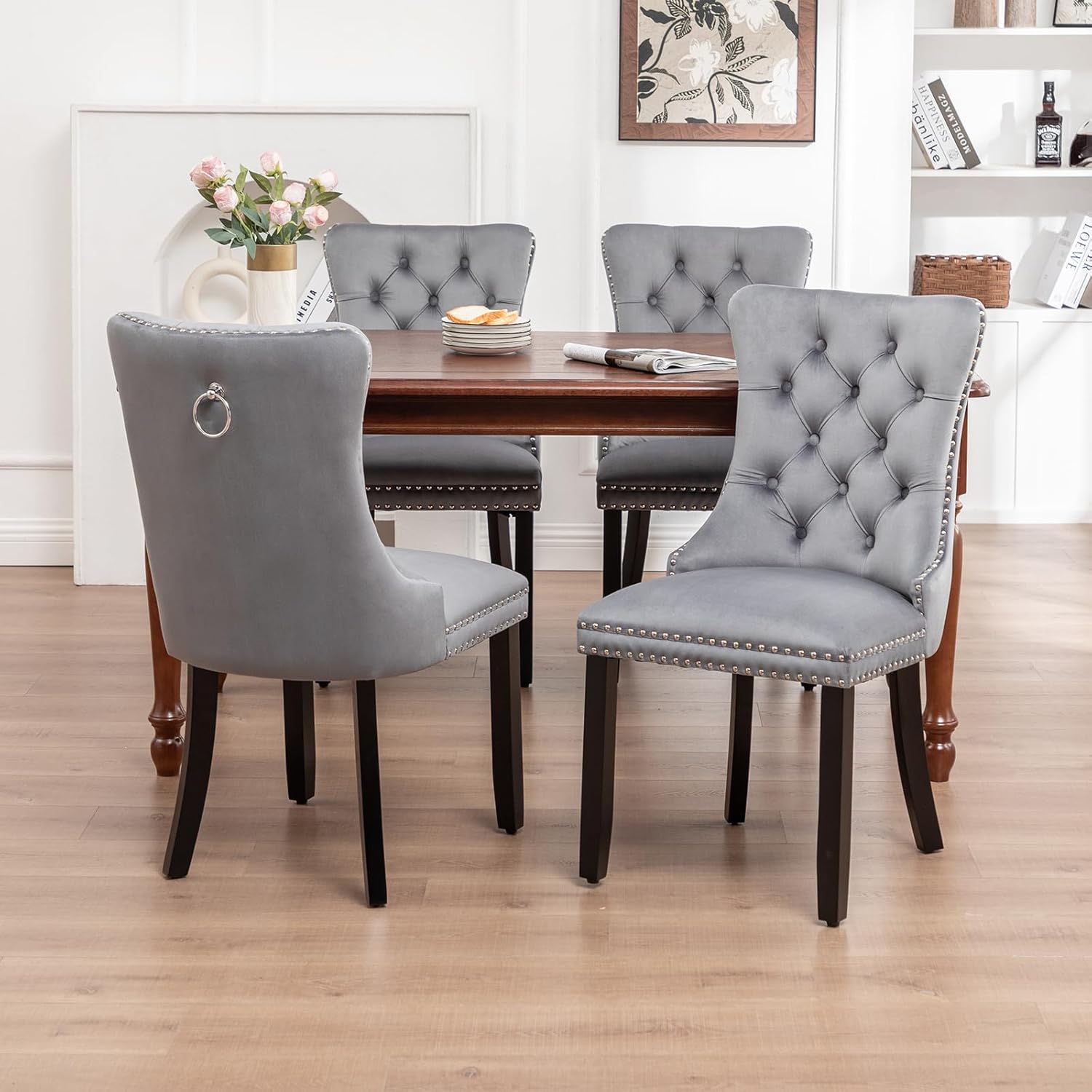 Velvet Dining Chairs Set of 4,Upholstered Dining Chairs with Ring Pull Trim and Button Back,Modern Seating for Kitchen, Bedroom & Living Room(Grey)