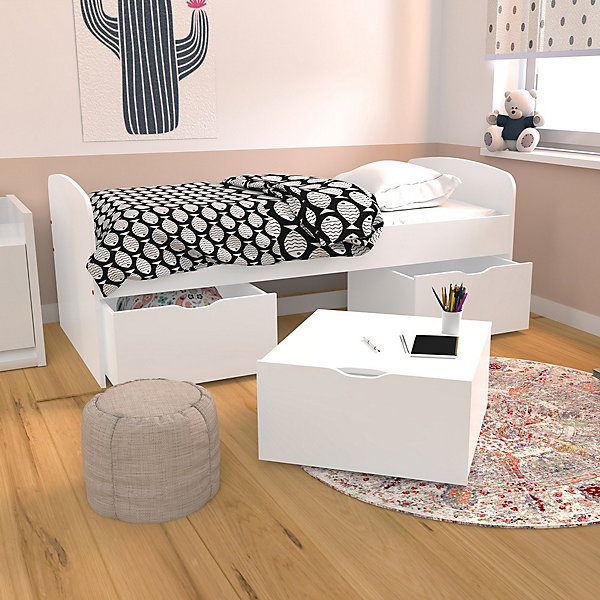 Lit LOUANE avec 2 tiroirs et 1 coffre de rangement - 90 x 190 cm -Blanc