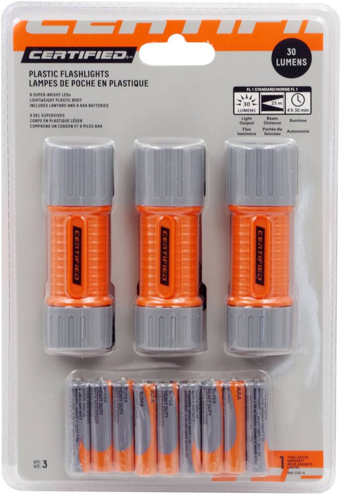 Certified 30 Lumens Bright LED Lightweight Handheld Flashlights, Batteries Included, 3-pk