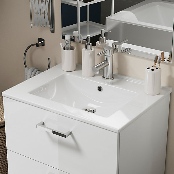 Meuble vasque suspendu blanc l.60 cm   plan vasque en céramique, Opah