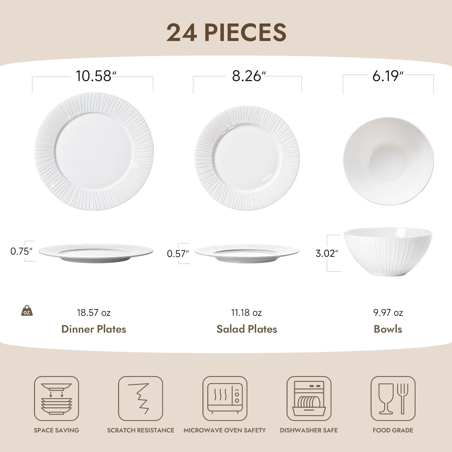 KINGSTONE 24-Piece Bone China Dinnerware Set with 40-Piece flatware, White Lightweight Porcelain Service for 8, for Family Dining, Restaurants, Gifting，Microwave and Dishwasher Safe