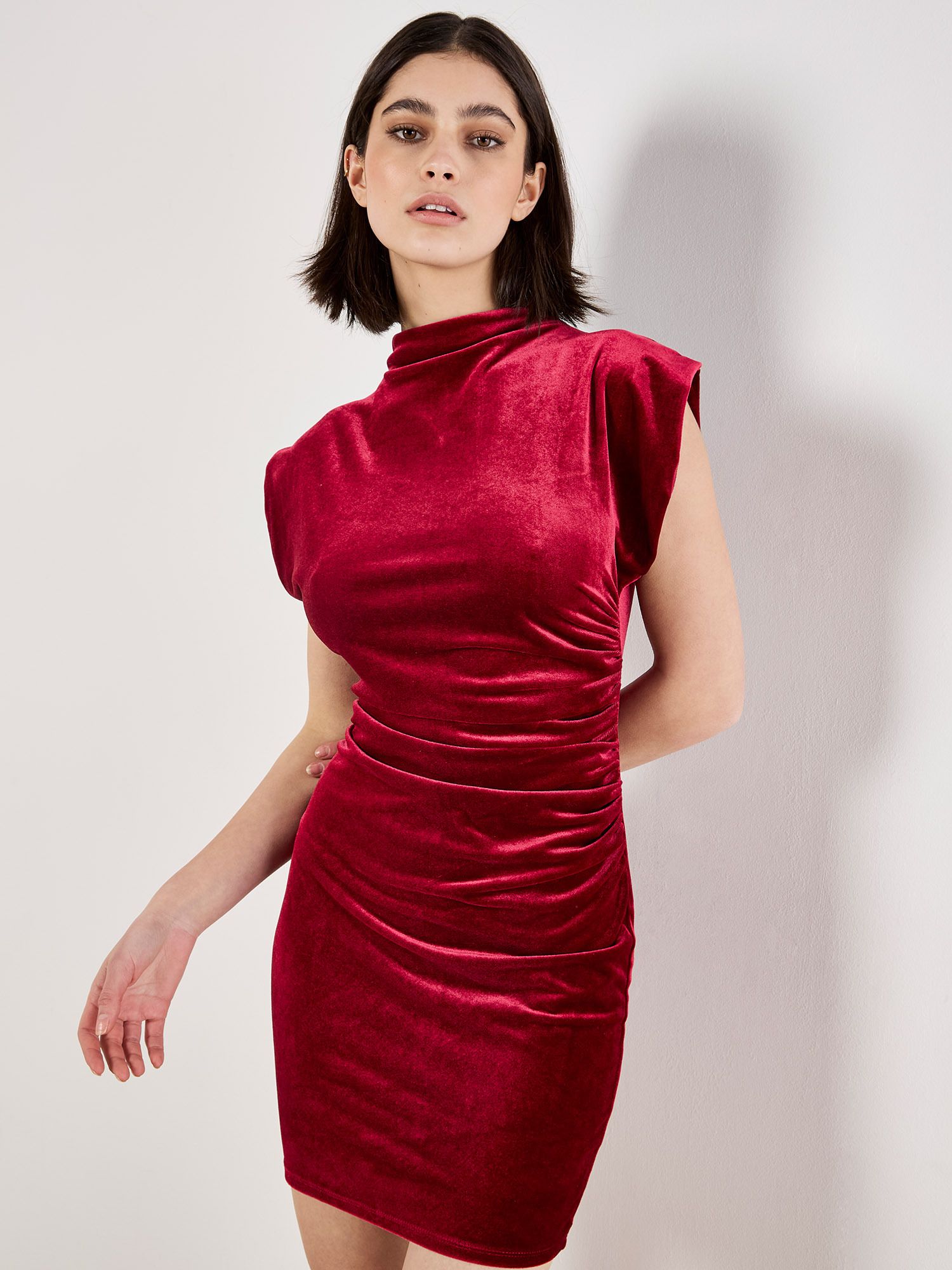 Apricot Ruched Velvet Bodycon Mini Dress