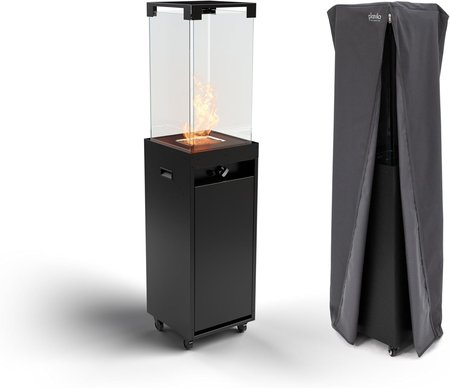 Planika Faro 41 000 BTU Propane Patio Heater 59 Modern Freestanding Glass Tower with Wheels  Smokeless 360° Flame  Cover & Regulator Included for Commercial & Residential Outdoor Spaces