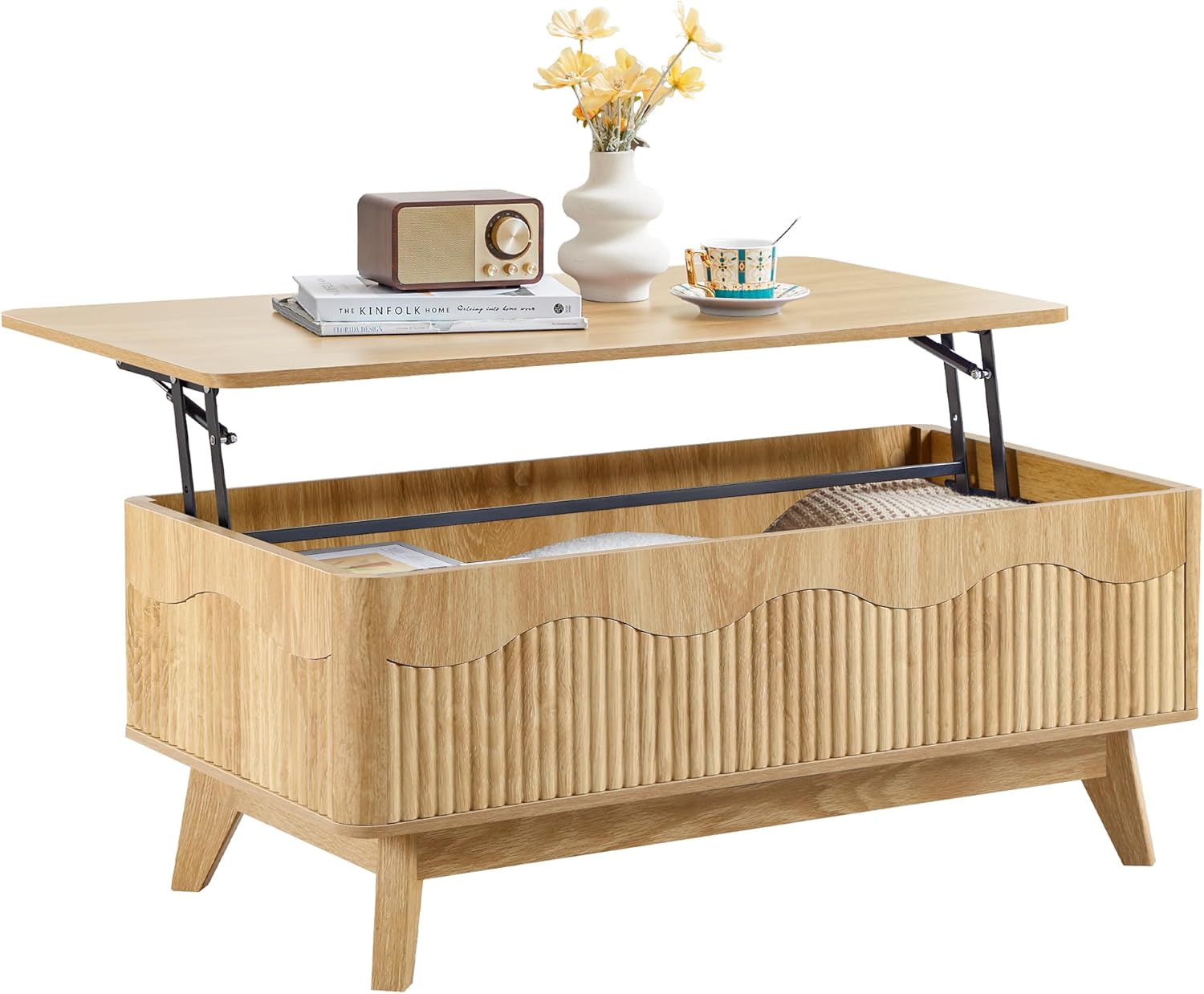 BERRYMERRY Lift Top Coffee Table with Hidden Storage, Farmhouse Fluted Coffee Table with Wave Profile, Rising Top Rectangular Center Table for Living Room (Natural Oak)