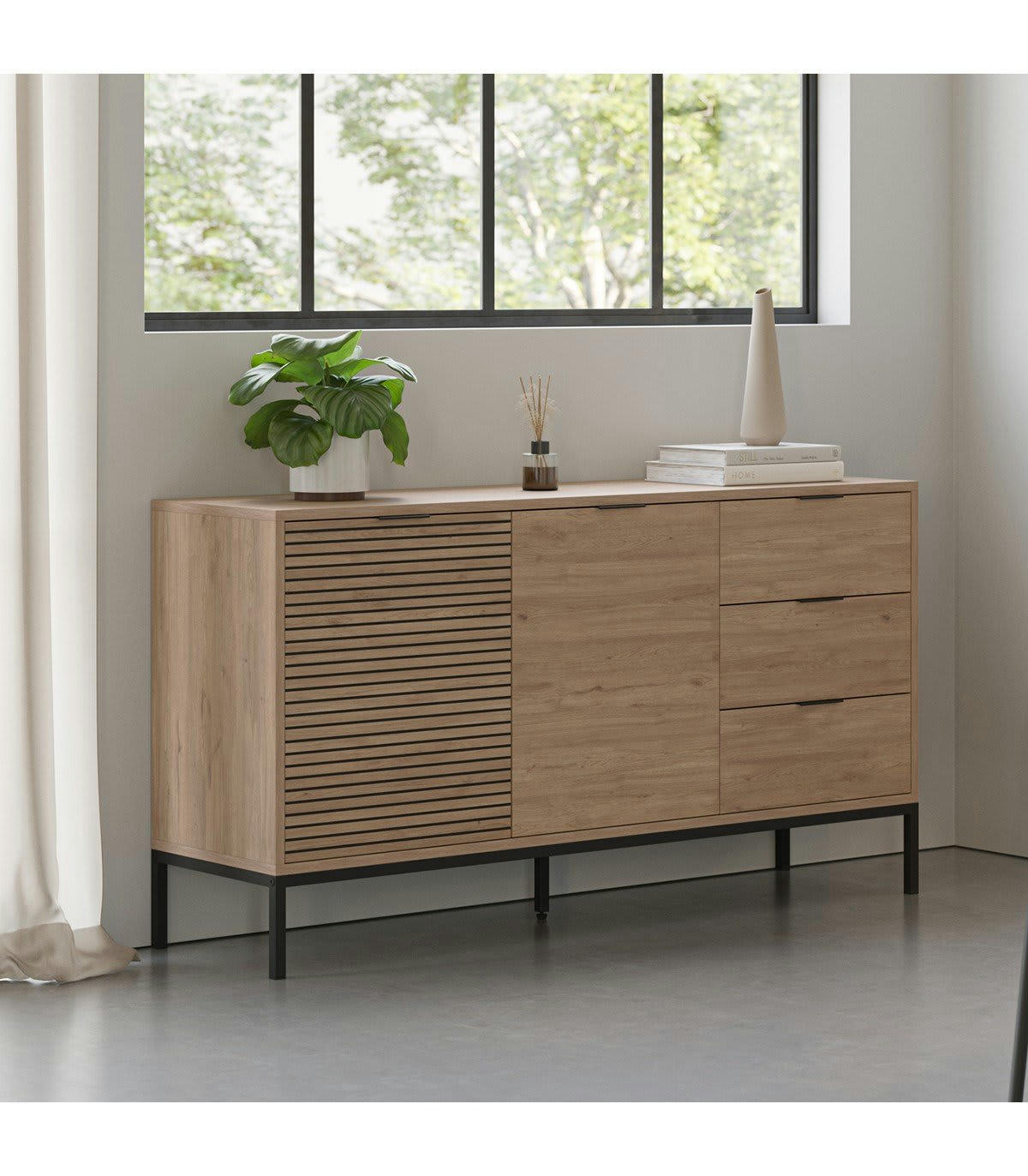 ARIEL - Buffet 3 portes décor chêne, rainures noires - L140 cm