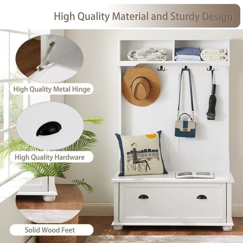 40W Classic Wood Hall Tree Entryway Bench with Open Shelves and Shoe Cabinets