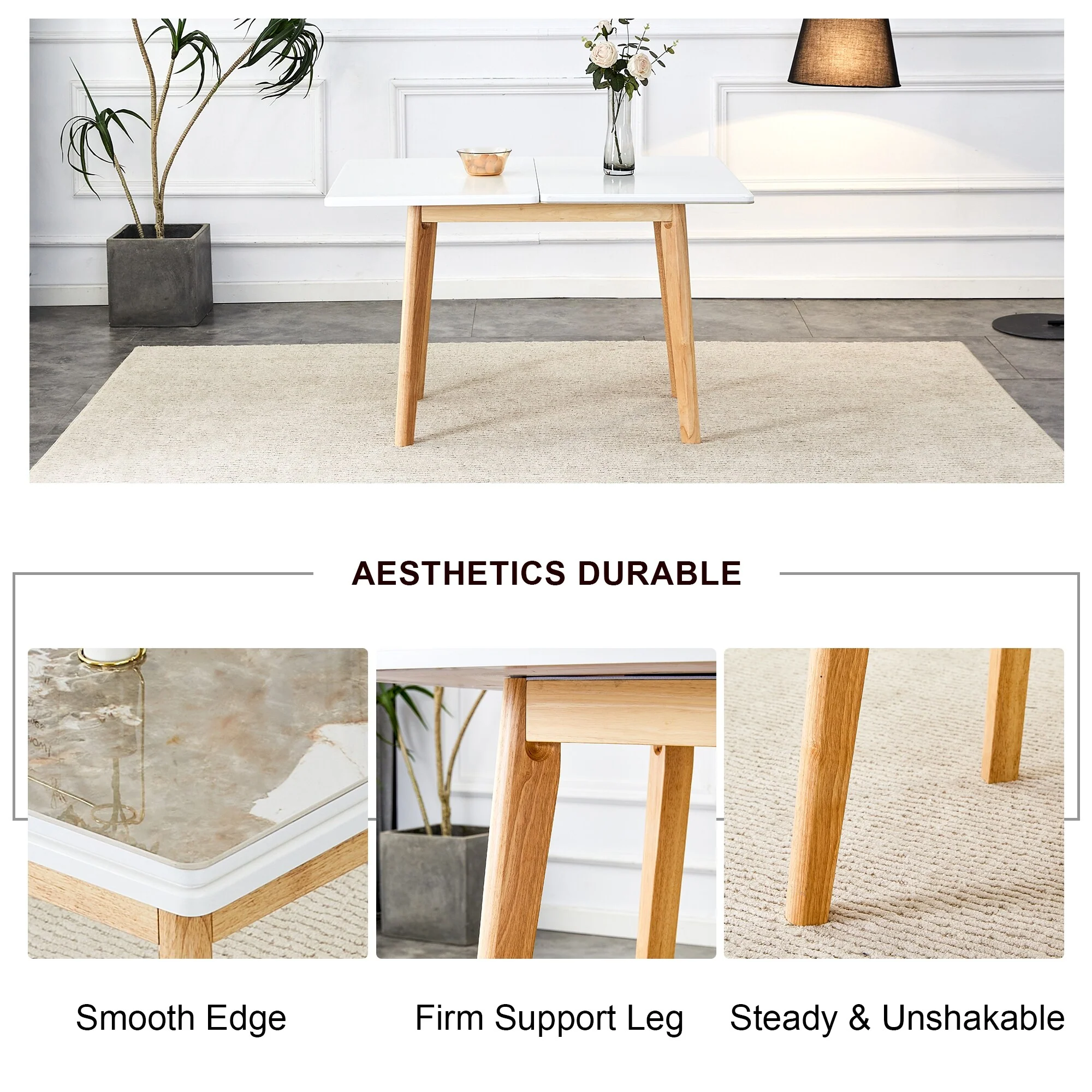 Imitation Marble Sintered Stone Tabletop With Rubber Wooden Legs, Foldable Computer Desk, Foldable Office Desk