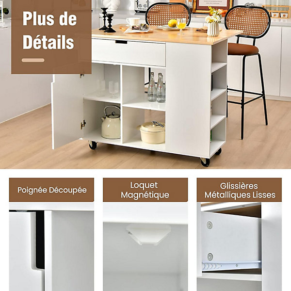 Desserte de Cuisine Desserte à roulettes en Bois avec Placard étagère Ouverte et Tiroir Plateau Extensible Blanc