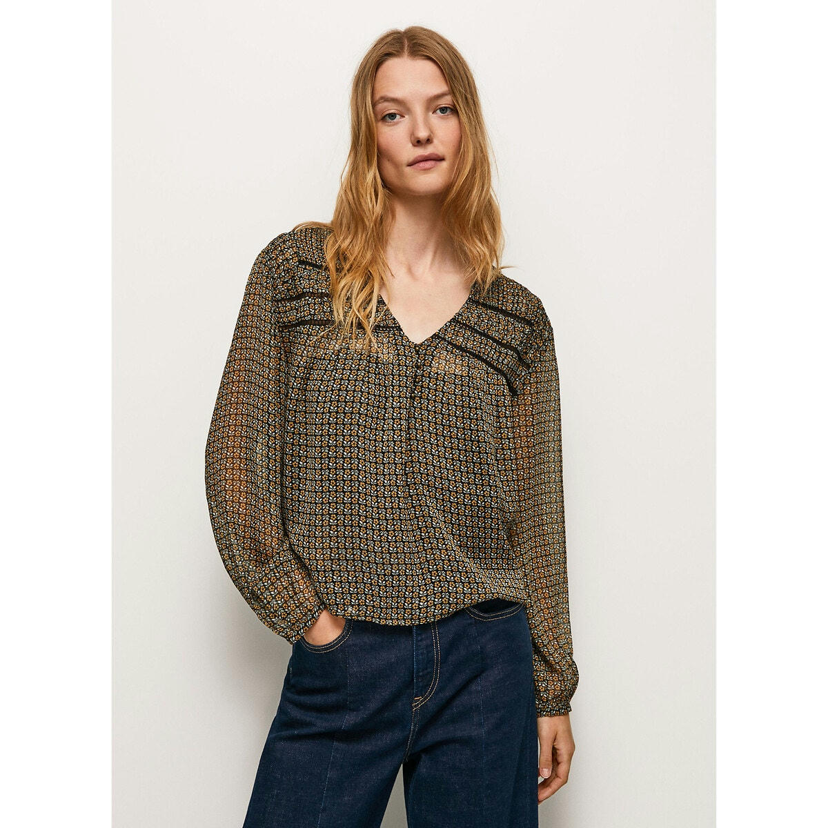 Blouse col v manches longues imprimée