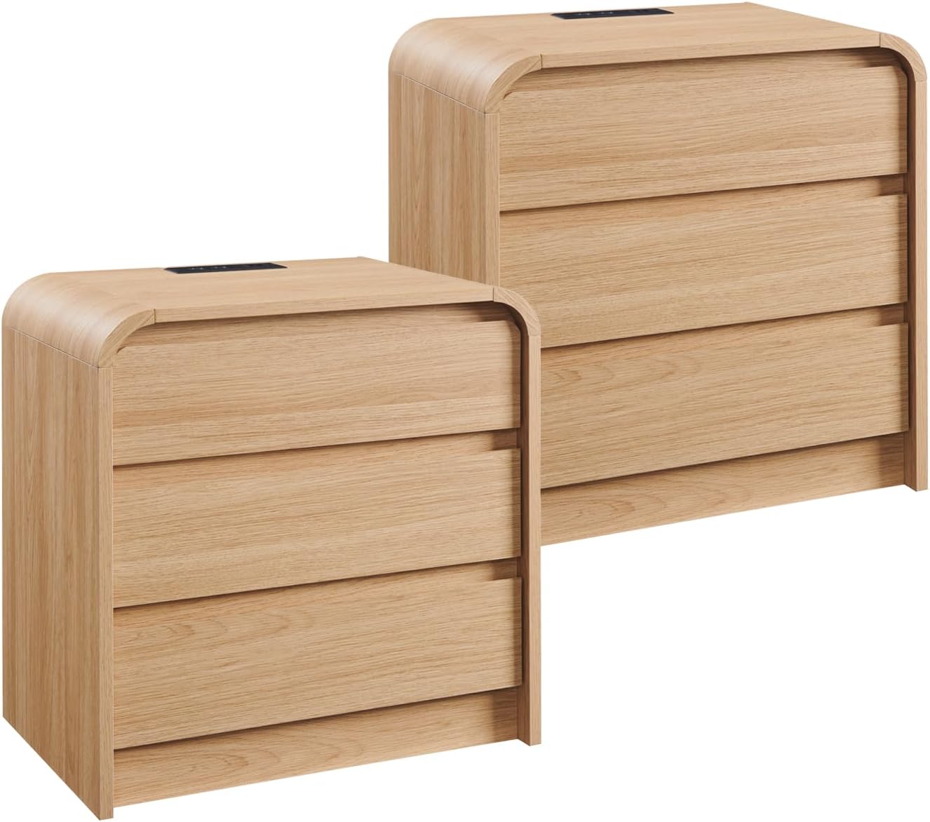 25 Tall Modern Nightstand Set of 2, 23.6 Wide Wood Bedside Table with Charging Station, 3 Storage Drawers Side Table w/Curved Profile Design,End Table for Bedroom, Natural Oak