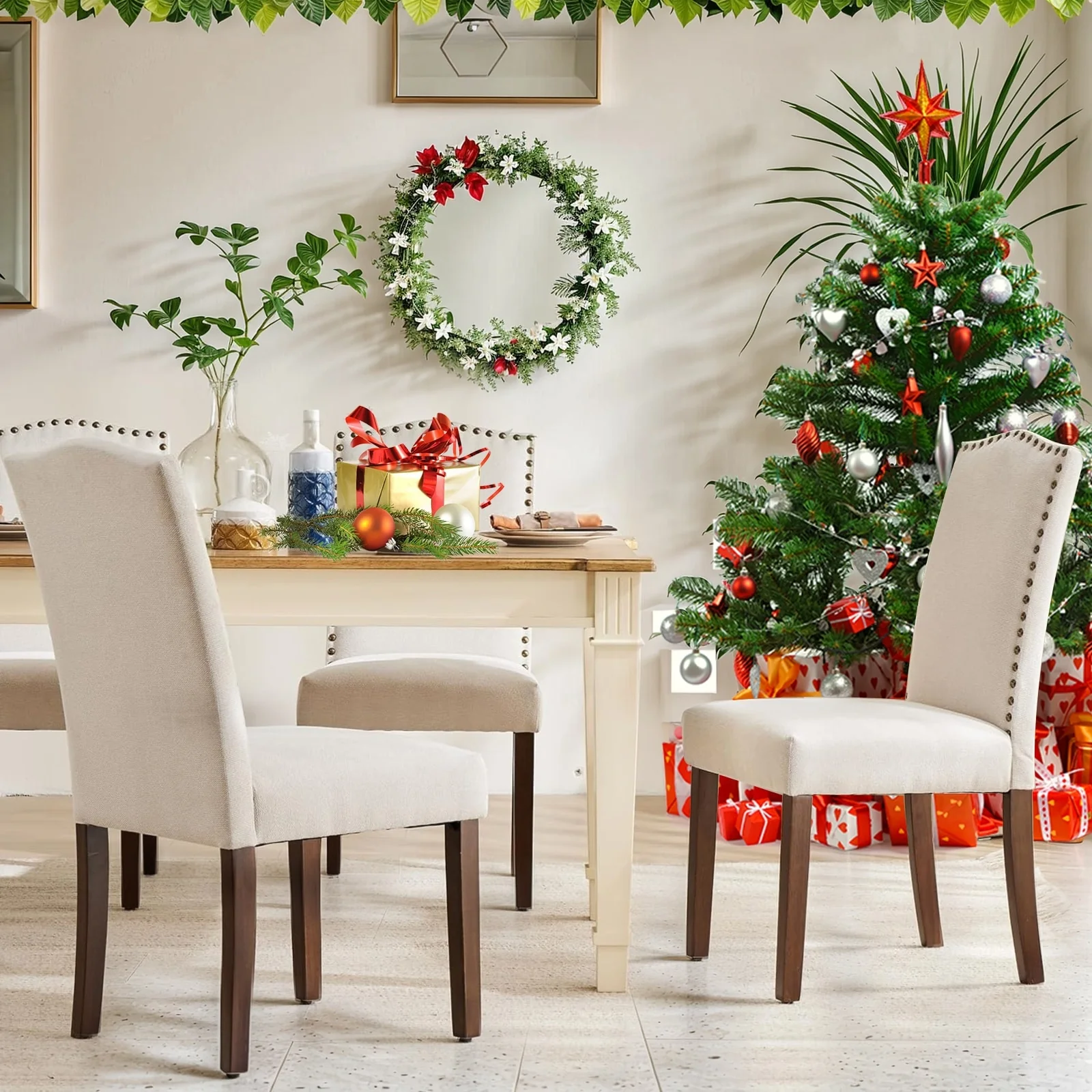 Dining Chairs Set of 2/4/6 , Modern Upholstered High-end Dining Room Chair with Nailhead Back Solid Wood Legs, Fabric Side Chair