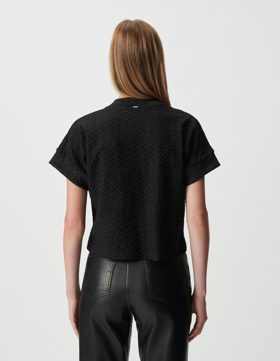 Tee-shirt manches courtes noir lurex maille ajourée Femme