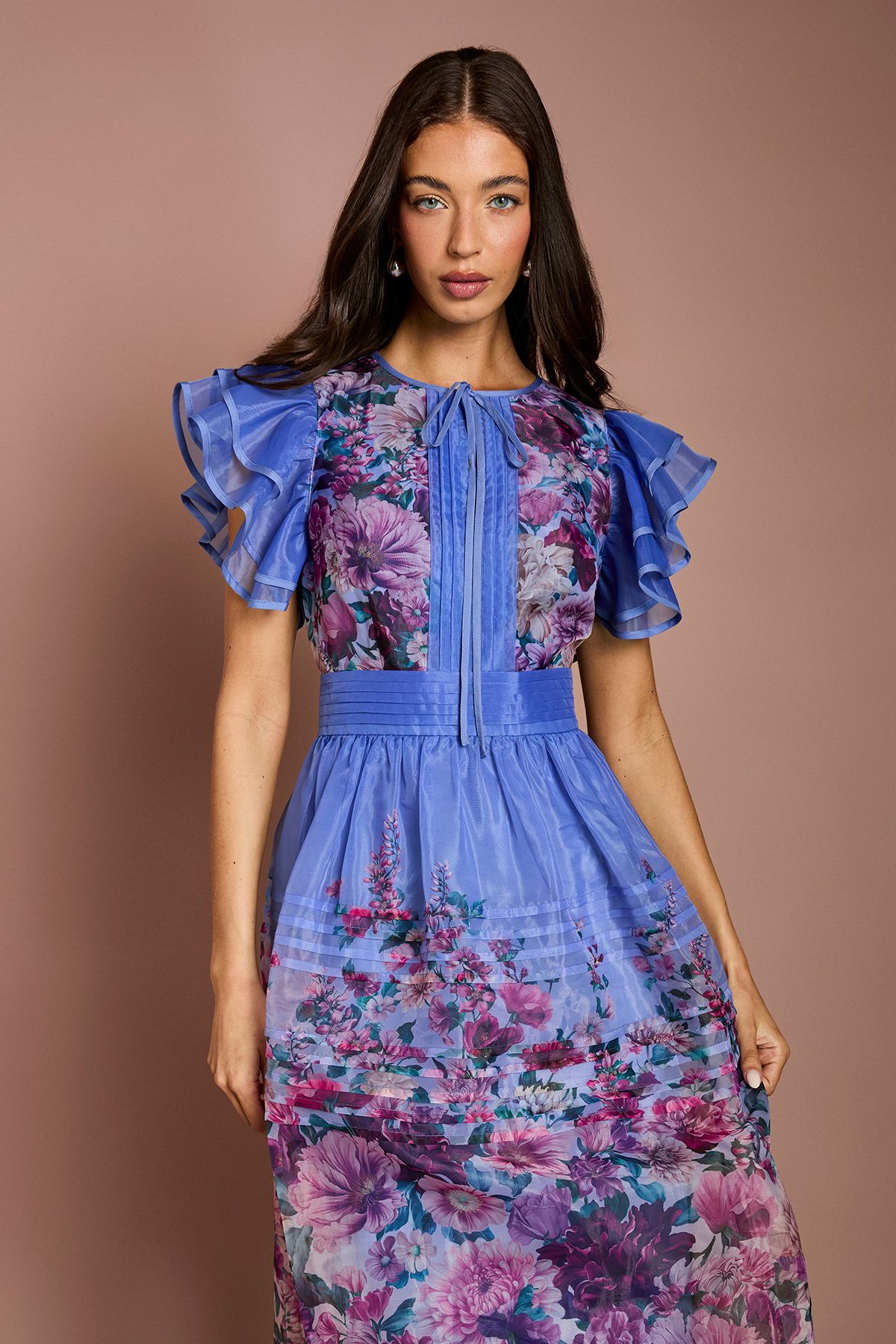 Coast Lisa Tan Organza Ruffle Printed Midi Dress