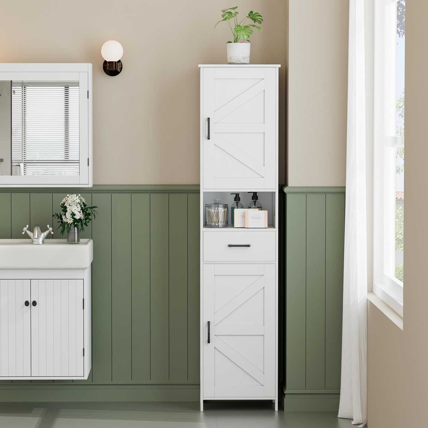 Homhedy 67 H Tall Bathroom Storage Cabinet with 2 Barn Doors and 1 Drawer, Narrow Storage Unit, Adjustable Shelves, Floor Cabinet for Bathroom, Living Room, Entryway, Kitchen, White, (15.7 W)