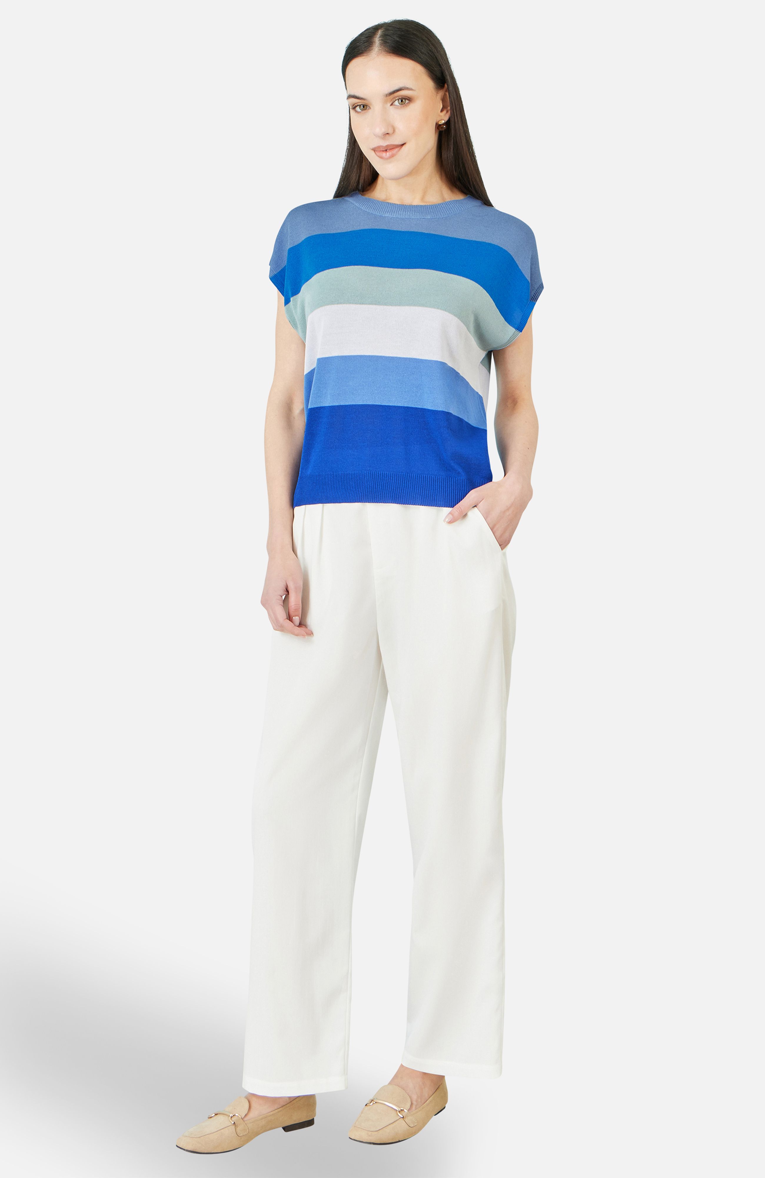 Yumi Blue Block Stripe Relaxed Knitted Top