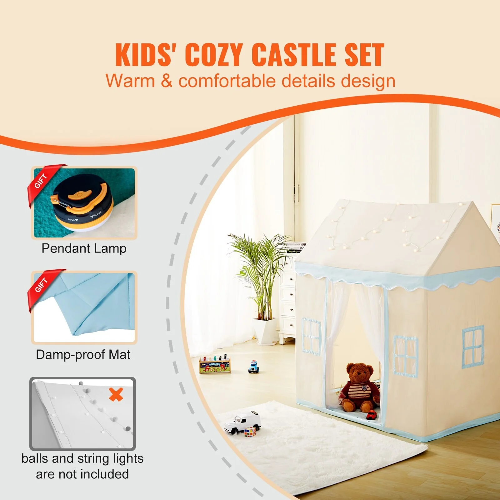 Indoor Outdoor Kids Tent with Light and Soft Mat for Toddlers - 52 x 35 x 60 in
