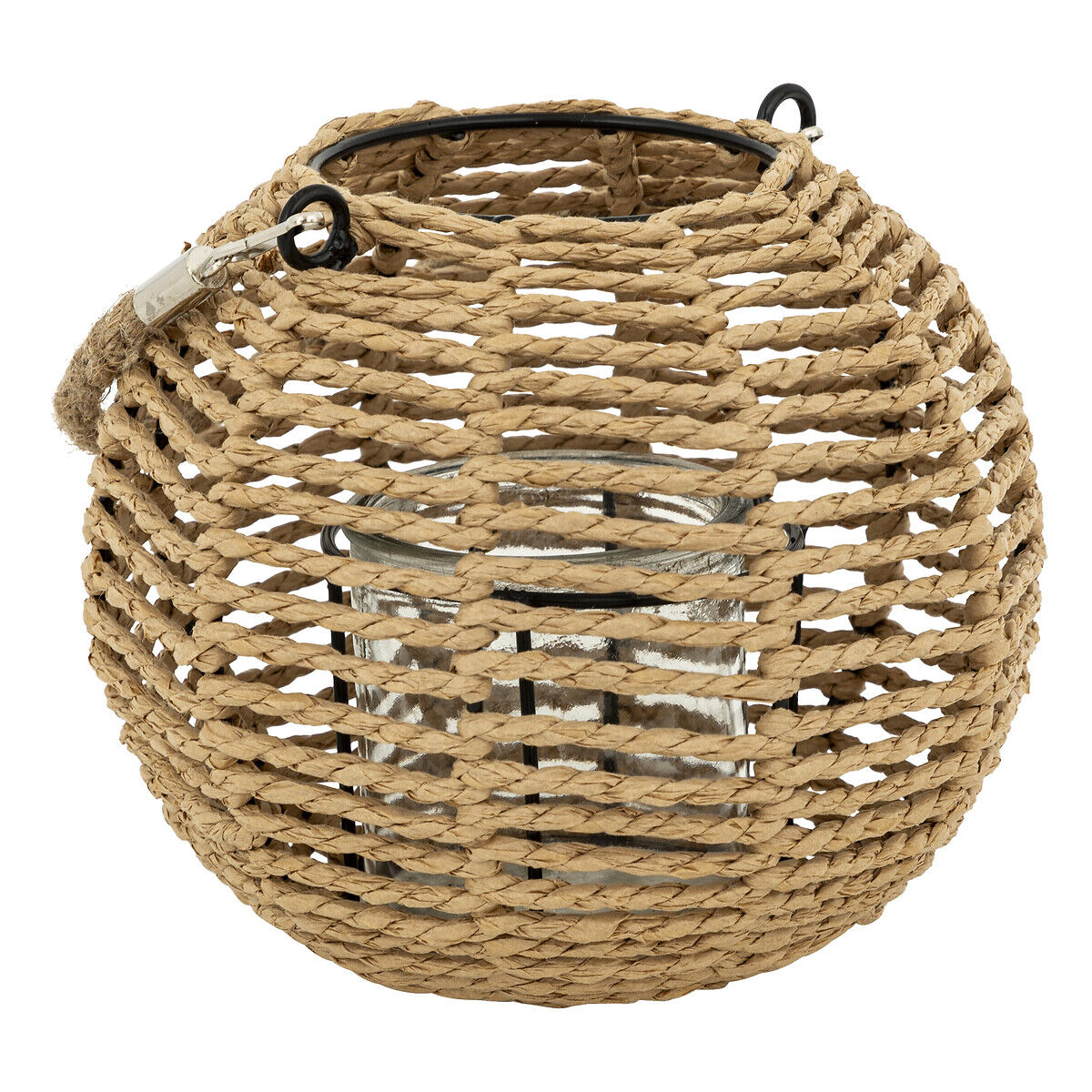 Lanterna MATY bege em ráfia com castiçal de vidro