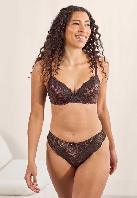 Womens Brown Animal Print Lace T-Shirt Bra (B-DD)