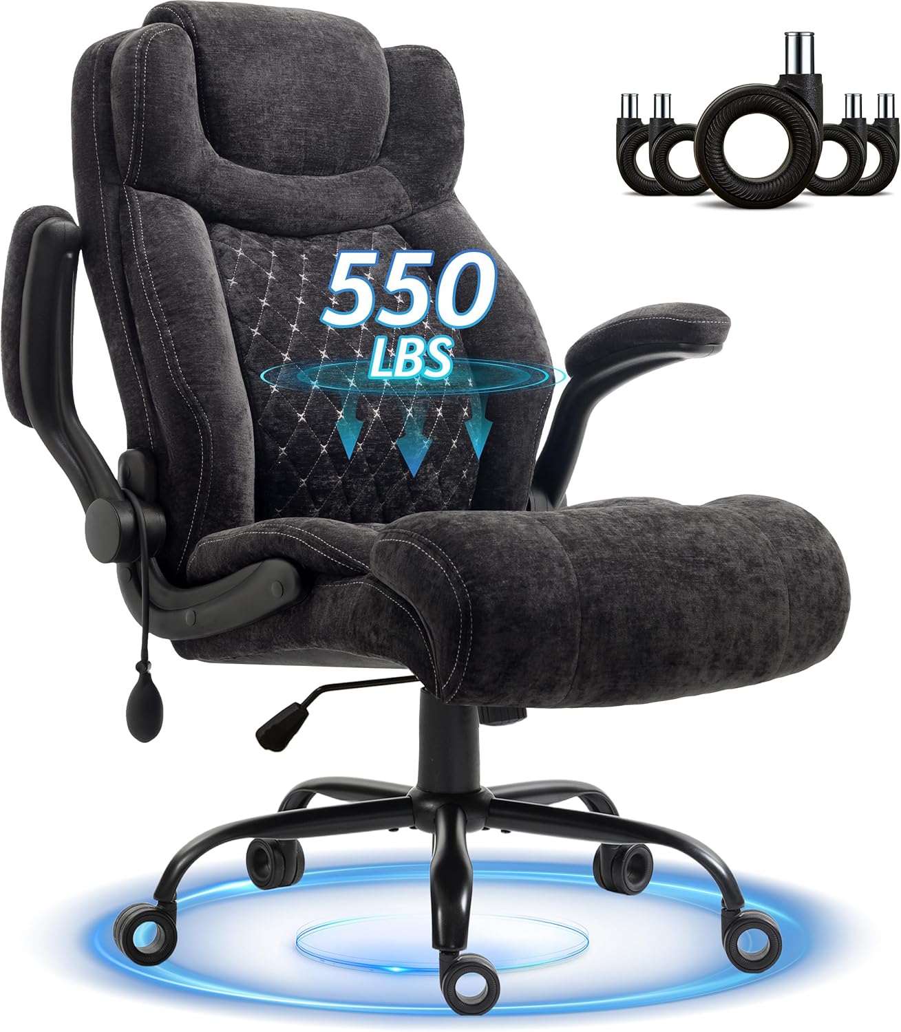 Office Chair, Big and Tall Executive Chairs with Lumbar Support for Back Pain, Breathable Fabric Desk Computer Chair with Adjustable Flip-up Armrests,Wide Cushion Swivel Home Office Chair Black,Black