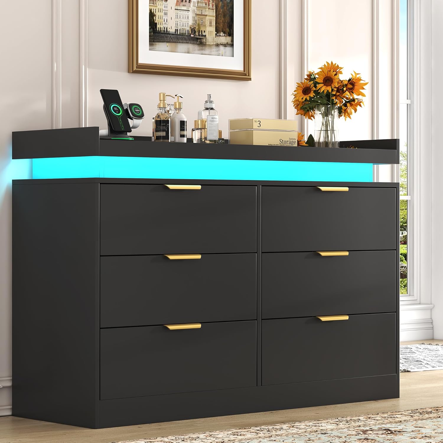 6 Drawer Dresser for Bedroom, Black Dresser with LED Lights and Power Outlet, Wooden Dressers Chests of Drawers, Double Wide Dressers for Bedroom, Entryway, Hallway