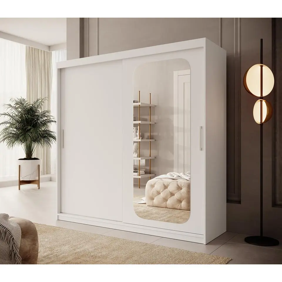 Meubella - Kledingkast Pete - Wit - 200 cm - Met spiegel