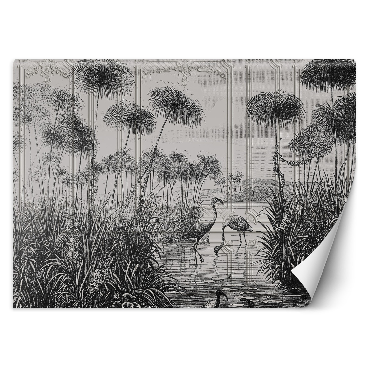 Feeby Fototapeta, Ptaki żurawie trawy staw szary 150x105