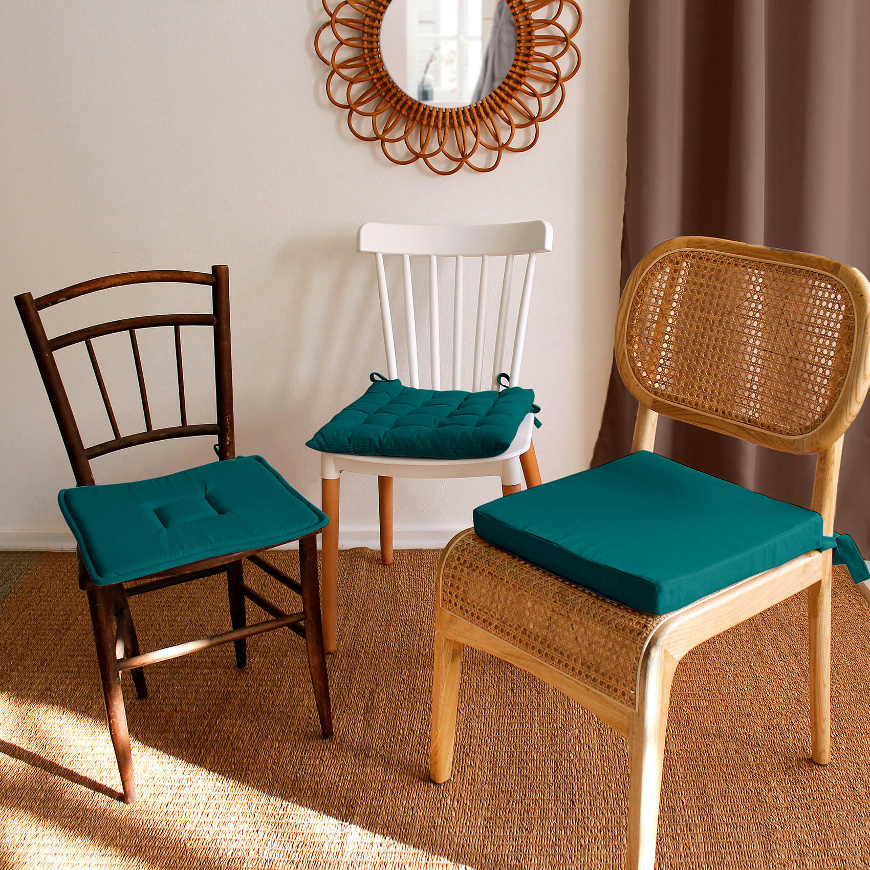 - Galette de chaise piquée en coton vert emeraude 40x40cm