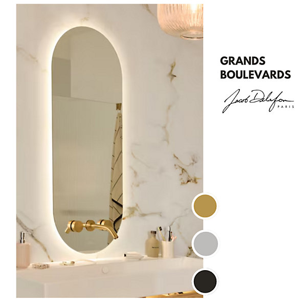 Miroir LED ovale 3 trous   mélangeur lavabo encastré 3 trous JACOB DELAFON Grands Boulevards marbré orage et laiton brossé