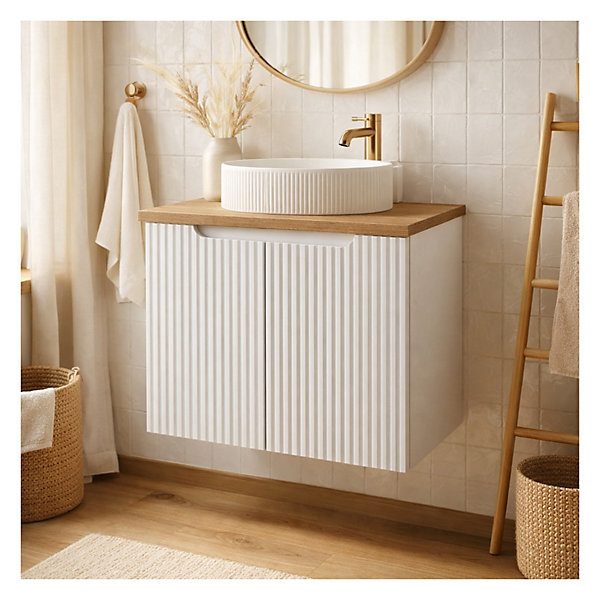 Ensemble de salle de bain suspendu VANO blanc 60cm : meuble sous vasque à placards et plan pour vasque aspect chene clair