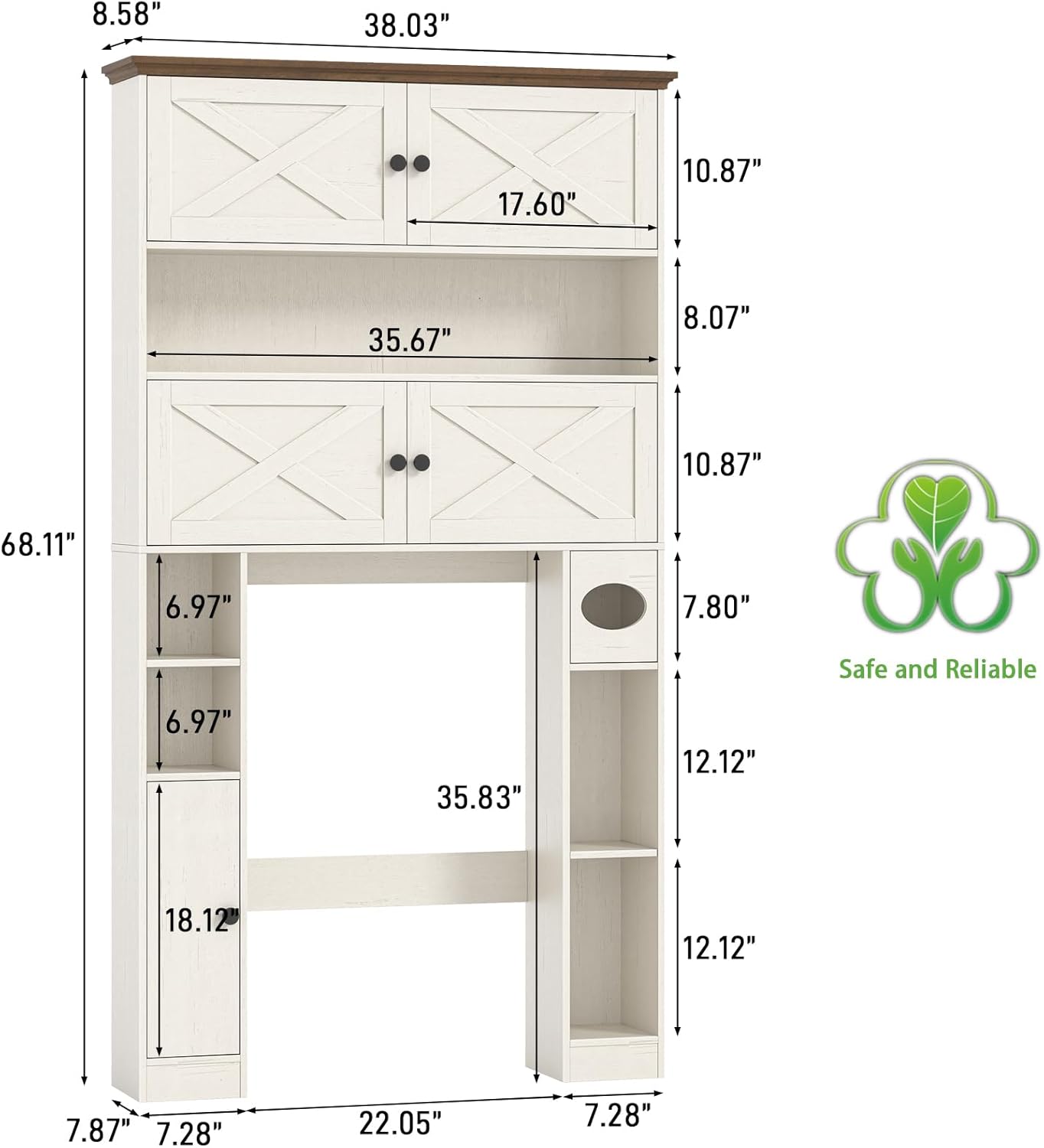Over The Toilet Storage Cabinet, Farmhouse Storage Over Toilet with 4 Barn Doors & Adjustable Shelf, Space Saving Bathroom Organizer with Toilet Paper Holder Stand for Bathroom, Laundry, Rustic White