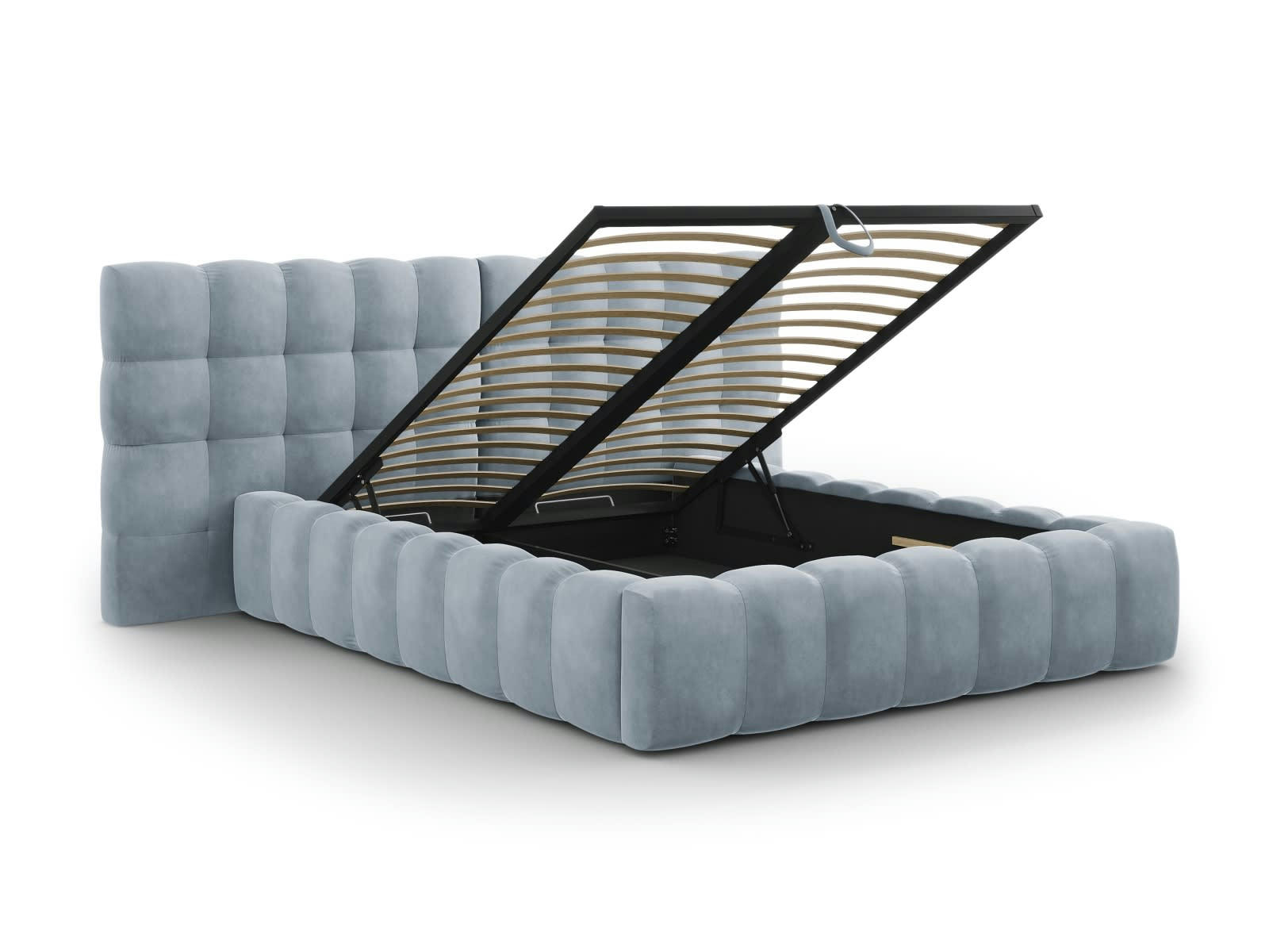 MAMAIA - Lit coffre en avec tête de lit double 160x200cm velours bleu clair