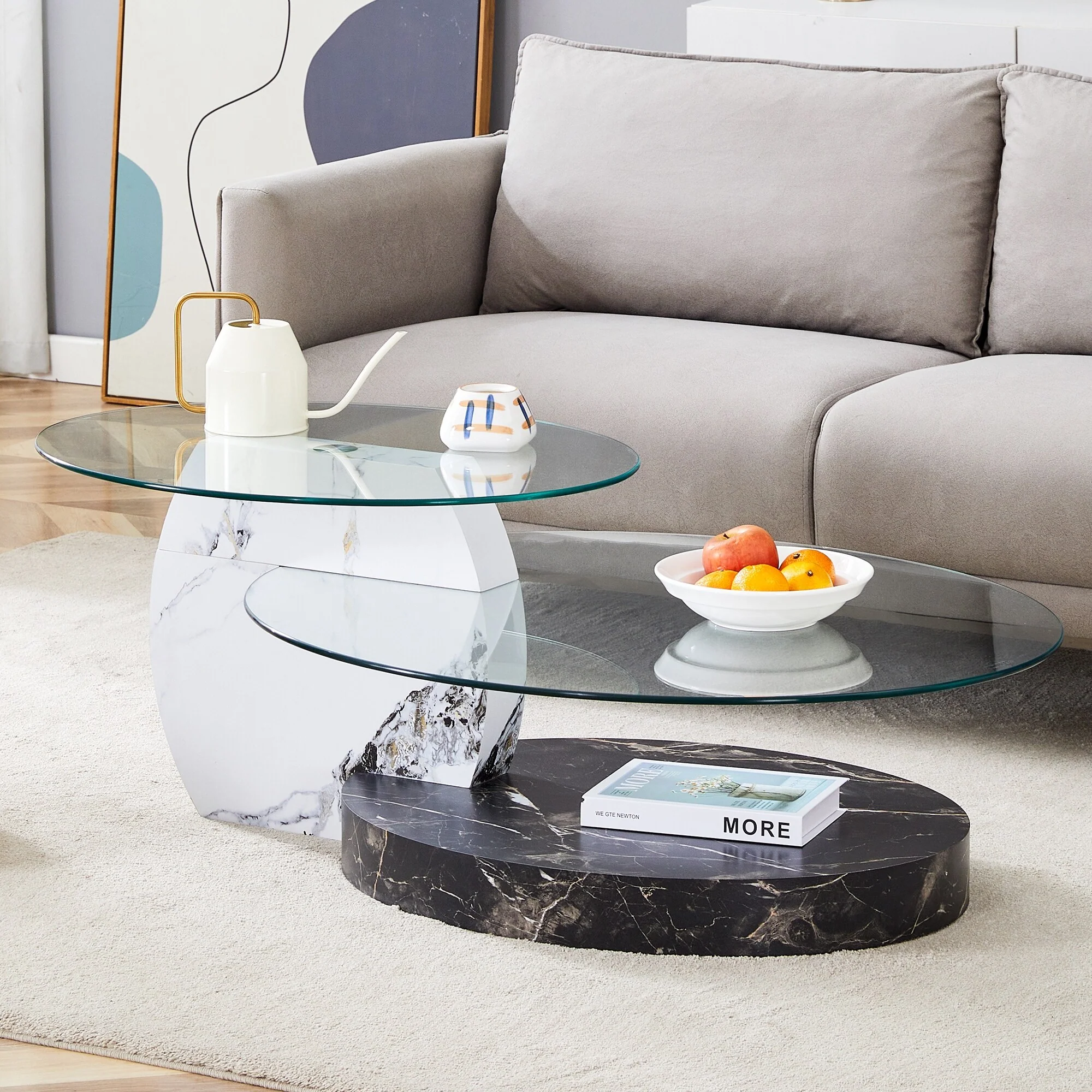 Glass Coffee Tables for Living Room, 3 Tier Round Coffee Tables with Wood Base Modern Center Table for Home Office