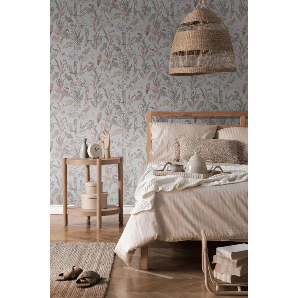 Livingwalls behang vogel grijs, rood, roze, en bruin - 53 cm x 10.05 m