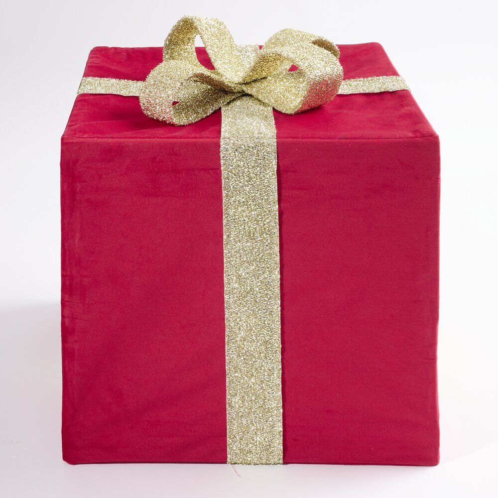 Cadeau déco No&euml;l pliable tissu rouge ruban doré 35x35xH40cm