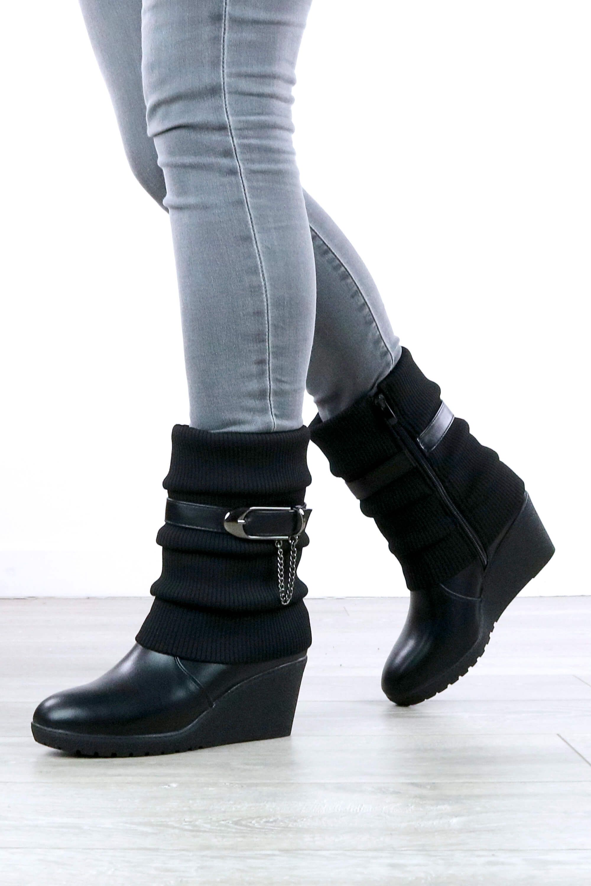 AJVANI Mid Wedge Heel Slouch Ankle Sock Boots