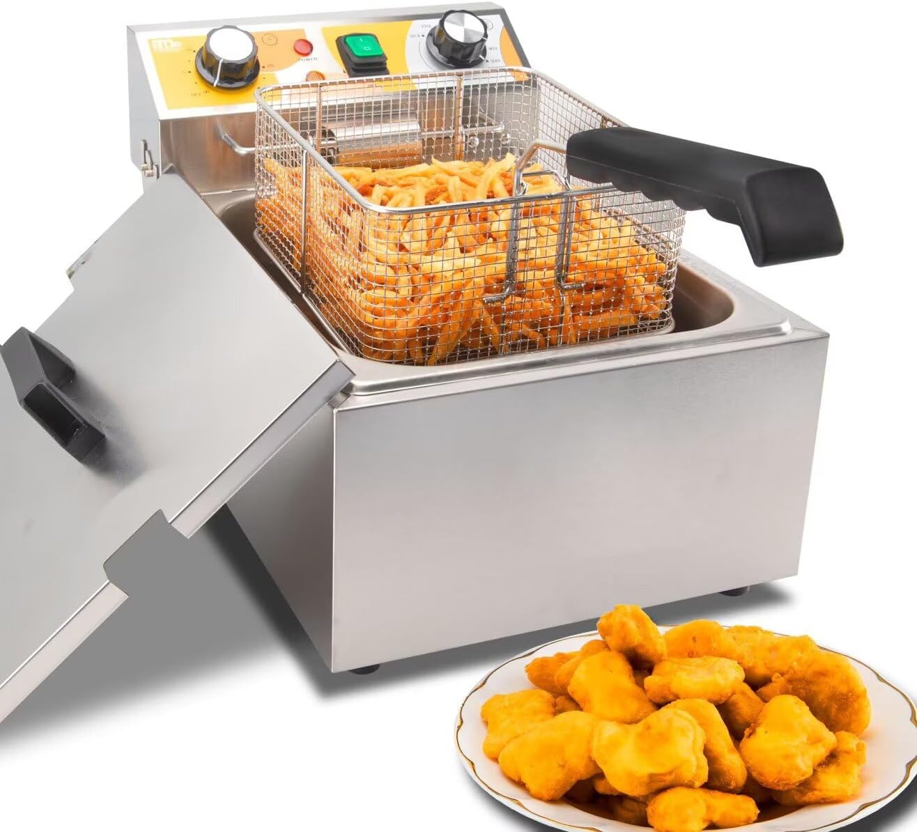 Festa Essential 13.6QT Electric Deep Fryer with 6L(6.5QT)Frying Basket&Lid,1750W Stainless Steel Commercial Countertop Single Tank Oil Fryers with Temperature Control&Timer for Home Kitchen Restaurant