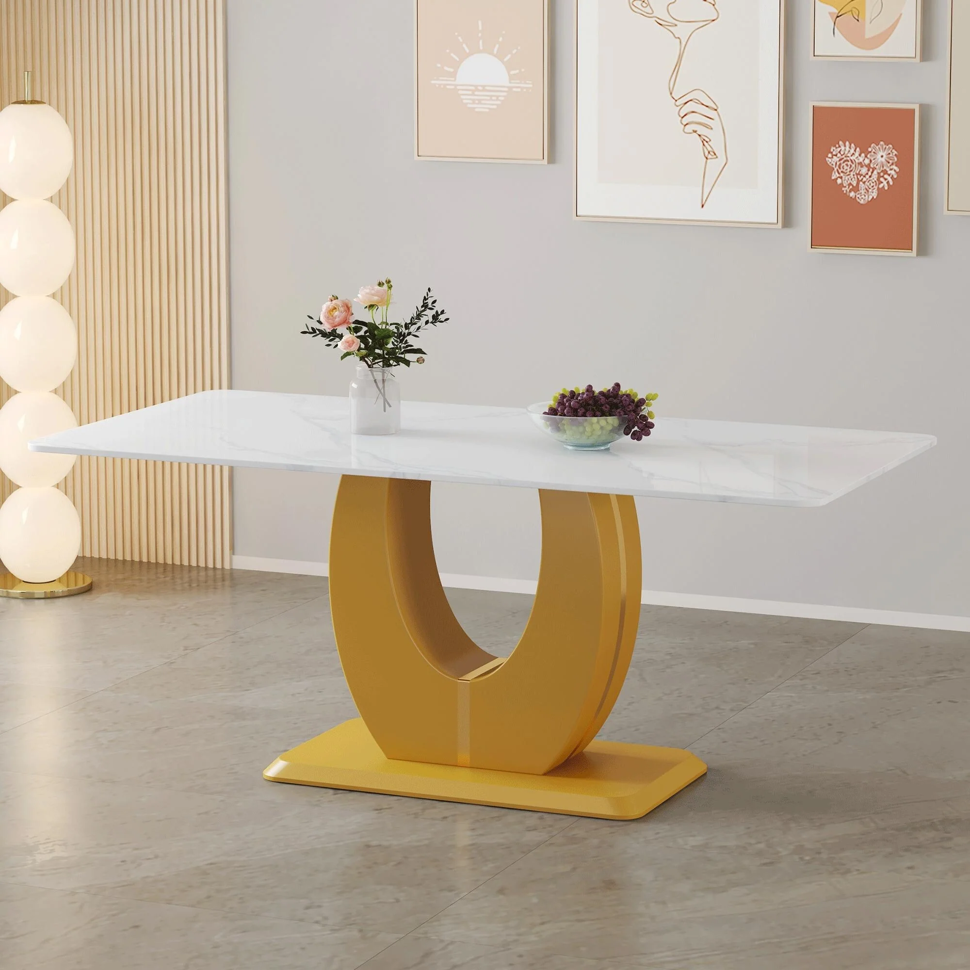 Modern simple luxury white imitation marble decorative glass dining table, golden legs, rectangular desk. A computer desk