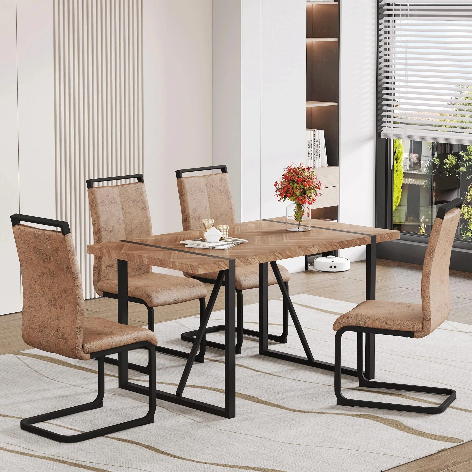 5-Piece Dining Table Set with Fishbone Textured Top, Arched Metal Legs, Inset Rectangular Metal Legs, Non-Slip Feet