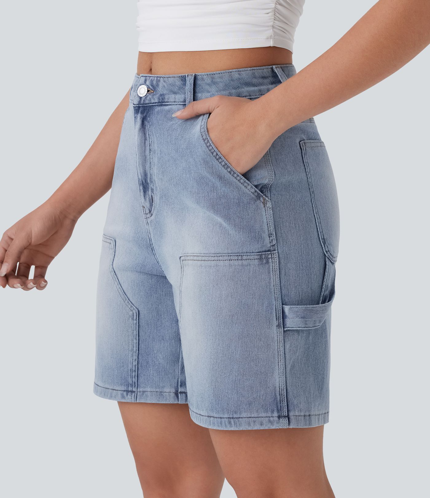Short bermuda décontracté en denim extensible lavé Halara Flex™ taille mi-haute avec poches multiples