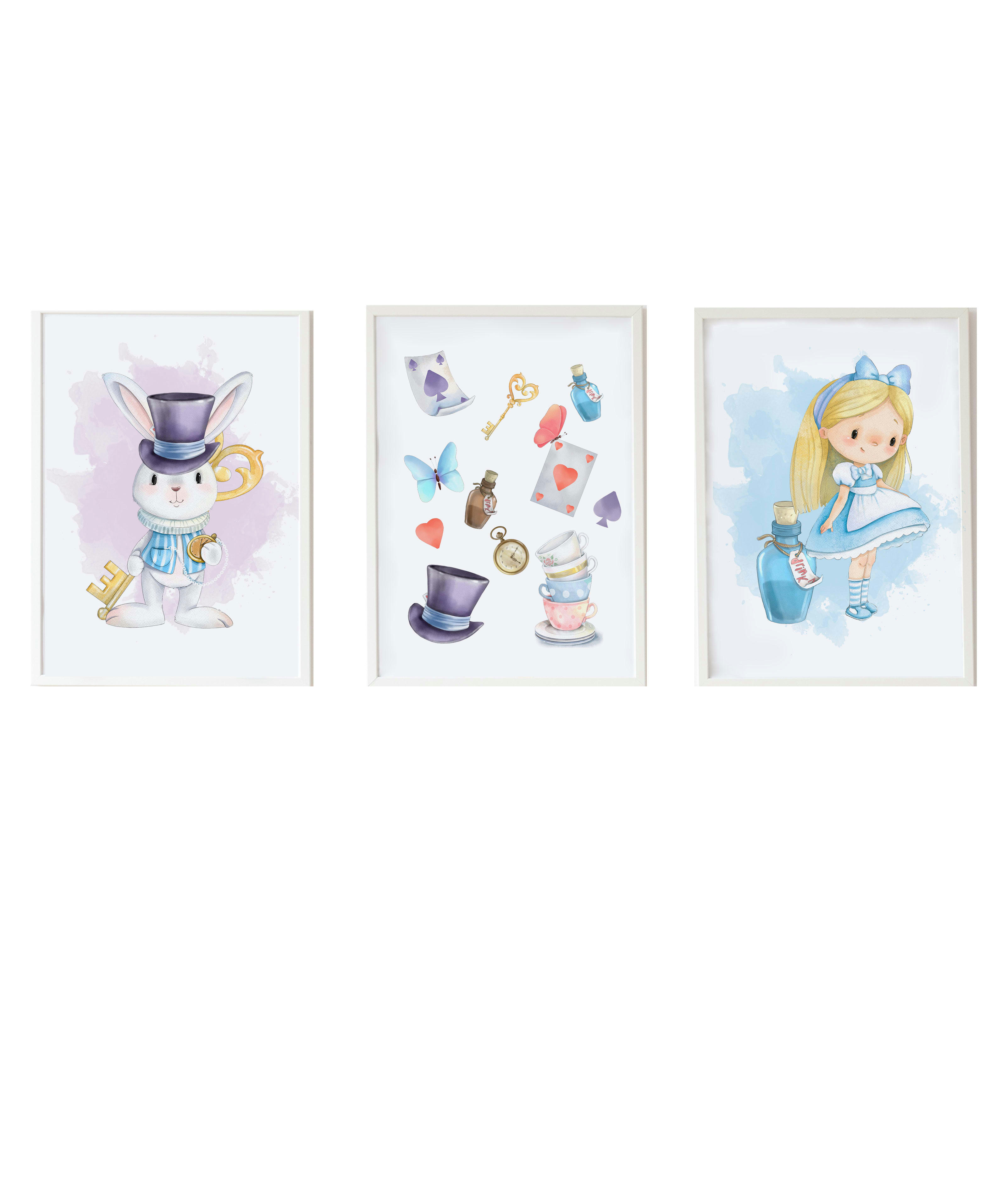 DECOWALL - Pack encadré bois blanc impression le lapin Alice et objets 43X33 cm
